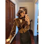 名媛法式 高级内搭 新款 气质设计感挂脖拼接V领金丝绒衬衫 女秋冬季