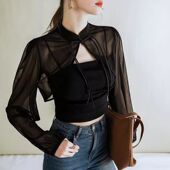 配吊带裙小开衫 披肩春夏防晒网沙罩衫 网红长袖 盘扣立领黑色短款