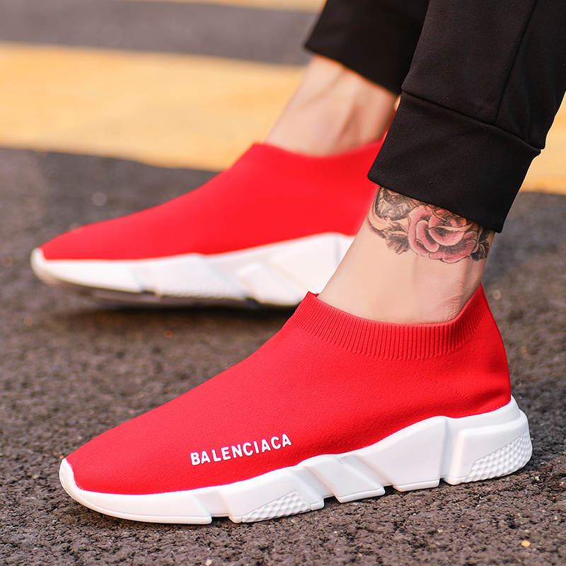 37小码38袜鞋一脚蹬红色运动鞋弹力飞织网面老北京布鞋情侣袜子鞋