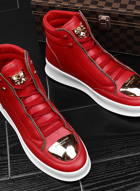 欧美朋克风金属头马丁靴男皮靴红色高帮板鞋本命年马年休闲小红鞋
