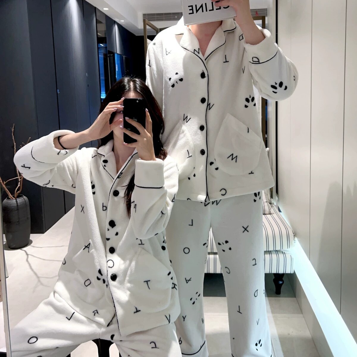 情侣泡芙绒睡衣秋冬季可爱卡通熊猫字母印花保暖长袖家居服可外穿