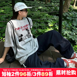 chic复古美式街头甜酷嘻哈原宿风正肩灰色纯棉短袖t恤女2026夏季