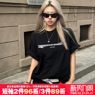 内搭女 半袖 vintage街头潮牌慵懒风正肩黑色纯棉短袖 t恤bf风情侣装