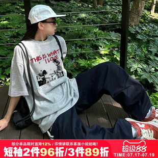 chic复古美式街头甜酷嘻哈原宿风正肩灰色纯棉短袖t恤女2026夏季
