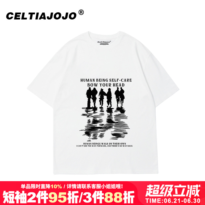 ulzzang小众宽松复古正肩潮牌纯棉白色短袖t恤衫bf风正肩情侣装秋