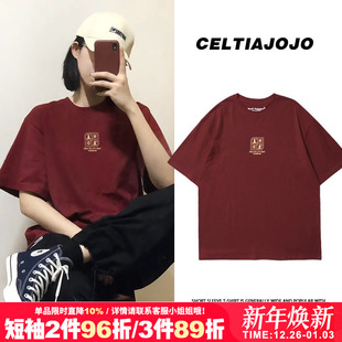 上衣 兔年国潮酒红色T恤女vintage原宿风圆领短袖 oversize韩版 美式