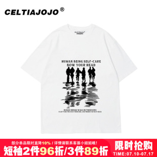ulzzang小众宽松复古正肩潮牌纯棉白色短袖t恤衫bf风正肩情侣装秋