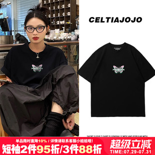 小众设计感蝴蝶印花ins风甜酷黑色显瘦纯棉短袖 上衣潮 t恤夏季 新款