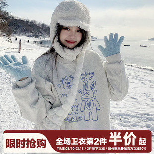 韩系奶fufu软妹小个子秋冬加绒加厚圆领卫衣女oversize套头内搭潮