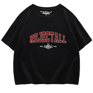 vibe美式高级感字母辣妹t恤女短款ins韩版印花正肩黑色短袖上衣潮