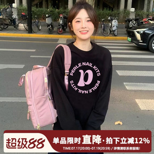 oversize宽松复古风小个子美式学院风黑色圆领卫衣女减龄秋冬加绒
