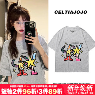 上衣 半袖 vintage宽松学院风小众卡通印花灰色纯棉短袖 t恤2025新款