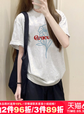 ulzzang宽松复古港风小众简约花花正肩花灰色短袖t恤女2026夏季新