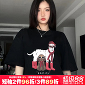 纯棉半袖 t恤女宽松大码 夏 复古小众设计感ins潮牌黑色正肩短袖 美式