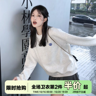 2025春秋薄款 花灰色圆领卫衣 慵懒风韩系ins复古小众简约休闲大码