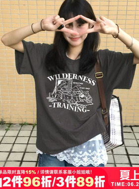 vintage美式复古风深灰色短袖t恤女2026春夏新款卡通印花正肩上衣