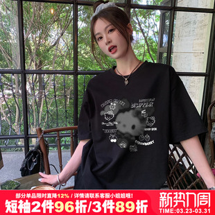 盐系chic宽松甜酷设计感卡通猫印花黑色短袖 t恤女oversize春夏新