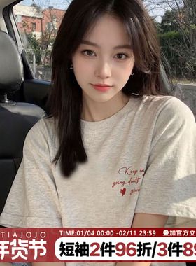 oversize慵懒风复古简约字母印花灰色正肩纯棉短袖t恤bf大码半袖