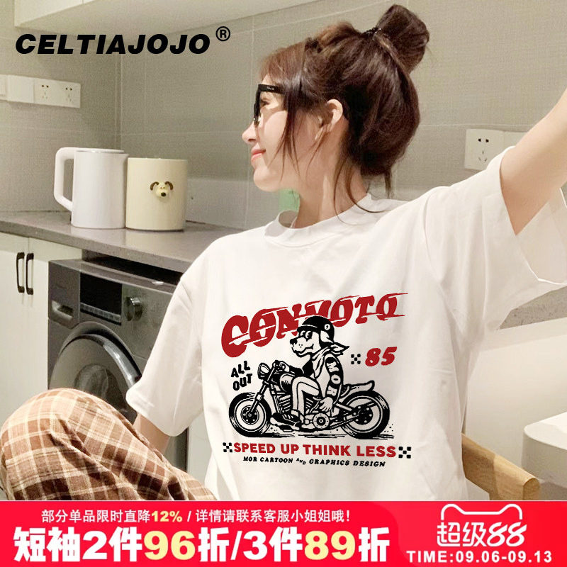 复古chic港风小众卡通狗狗印花美式古着纯棉白色短袖t恤衫夏季女