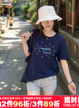 韩系ins风复古小众设计感小个子慵懒风藏蓝色短袖t恤女chic半袖夏