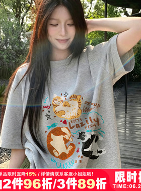 chic休闲风灰色短袖t恤女2026夏季新款可爱减龄宽松显瘦纯棉上衣
