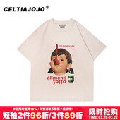 内搭 半袖 vintage宽松复古慵懒风潮牌卡通印花纯棉短袖 t恤女情侣装