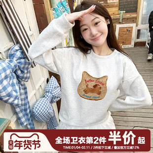 ulzzang宽松小众街头慵懒风花灰色圆领卫衣女2025秋冬加绒上衣潮