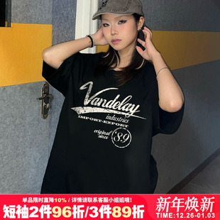 vintage设计感美式 t恤上衣春夏 复古字母印花bf风重磅潮牌黑色短袖