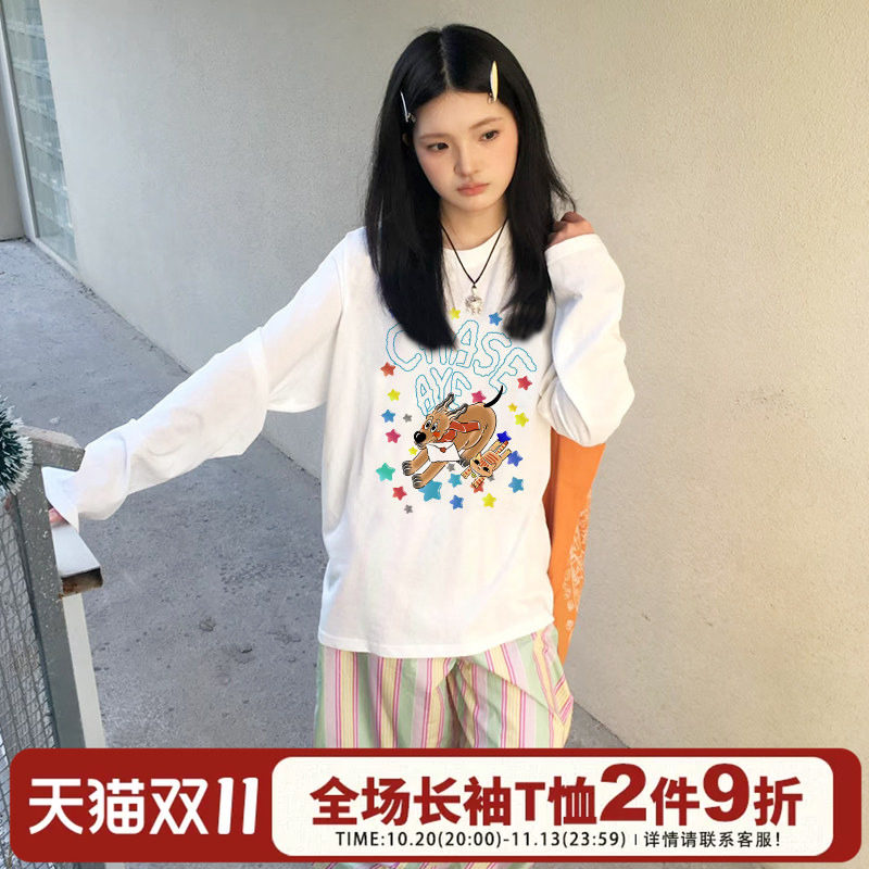 韩系慵懒风ins休闲百搭卡通狗狗印花复古减龄小个子长袖t恤衫初秋