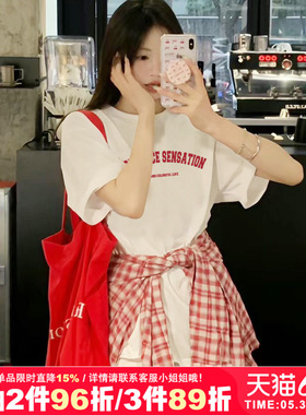 2026新款小众复古美式潮牌ins大码女装纯棉白色短袖t恤上衣女休闲