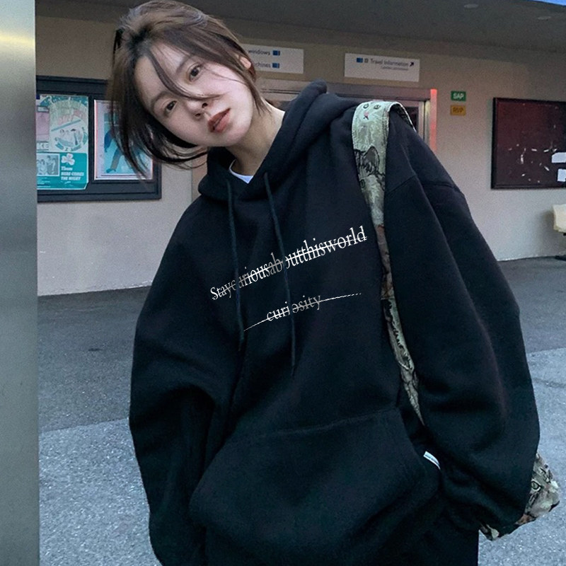 ulzzang宽松小众黑色连帽卫衣女加绒加厚套头帽衫内搭秋冬新款潮