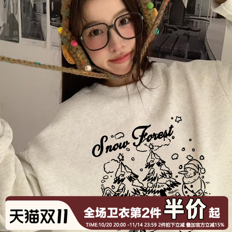 复古chic休闲减龄慵懒风圆领卫衣