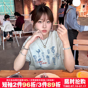 oversize美式复古小众设计感简约印花黑色短袖t恤bf风男女款情侣