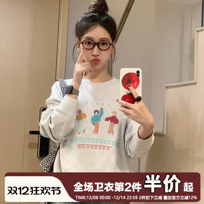 小众韩系ins风印花圆领卫衣女