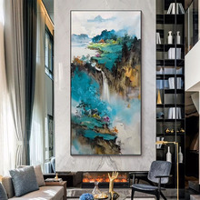 新中式 饰画现代简约手绘油画风景山水招财挂画 入户玄关客厅过道装