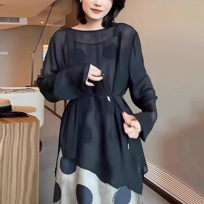 黑色防晒罩衫女夏季薄款设计感不规则系带开叉外搭中长款网纱上衣