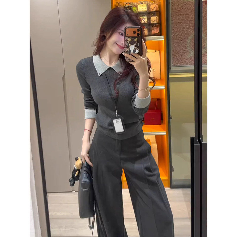 撞色假两件POLO领毛衣女冬季职业通勤修身显瘦内搭翻领针织衫上衣