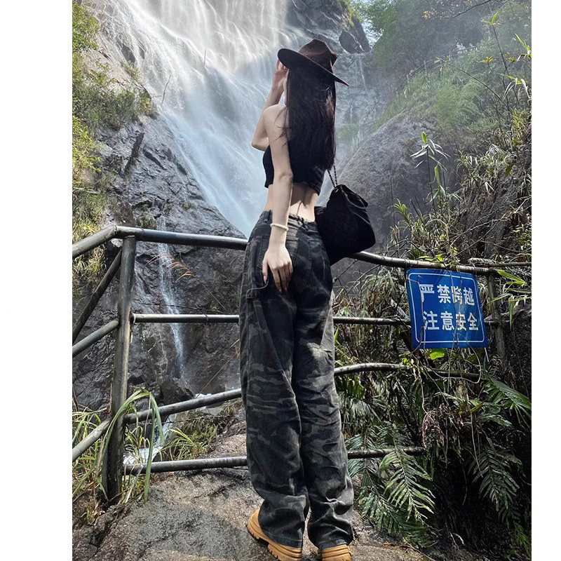美式迷彩工装裤女2025春季新款高腰宽松显瘦户外休闲 直筒阔腿裤