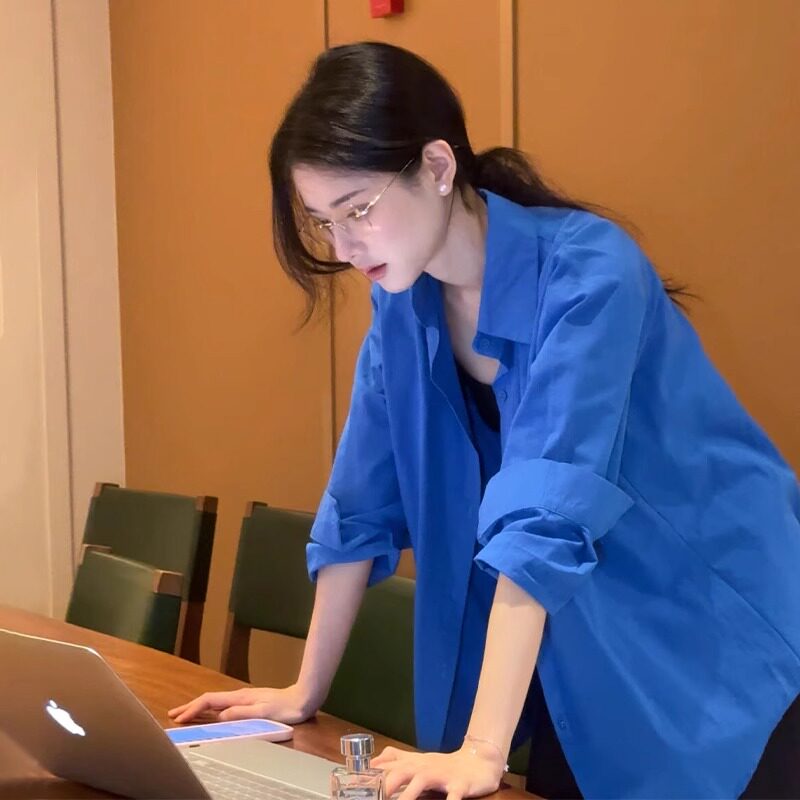 克莱因蓝色衬衫外套女2025新款夏季法式气质宽松显瘦开 衫衬衫上