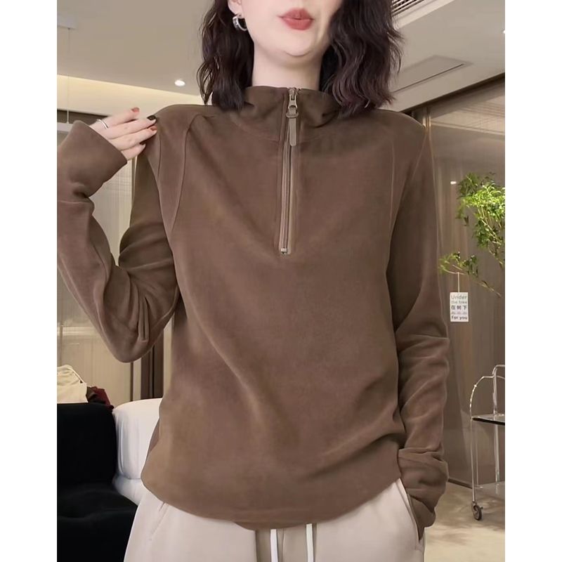 德绒立领半拉链卫衣女2025春季新款加绒加厚打底衫上衣雅丹风穿搭