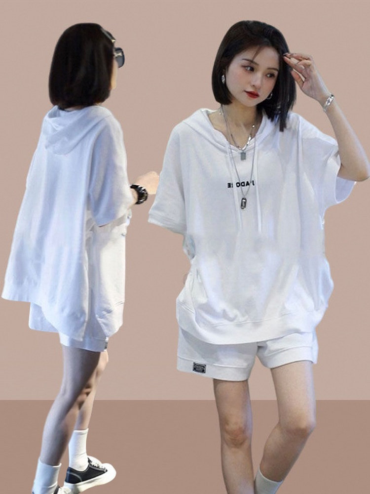 时尚套装女士夏季新款洋气宽松运动服百搭休闲连帽短袖短裤两件套