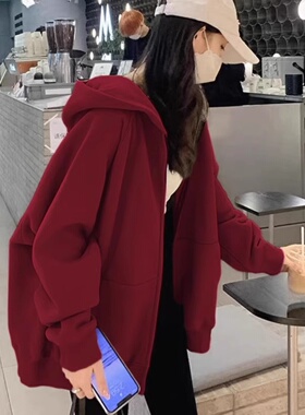 新年红色连帽开衫卫衣女秋季新款跨年穿搭本命年加绒加厚外套上衣