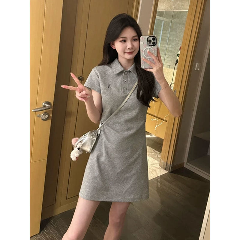 灰色Polo领短袖T恤裙女夏季洋气刺绣小个子收腰休闲减龄a字连衣裙