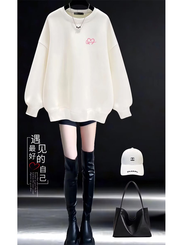 白色圆领卫衣女2025新款爆款秋季韩系穿搭宽松休闲小个子套头上衣
