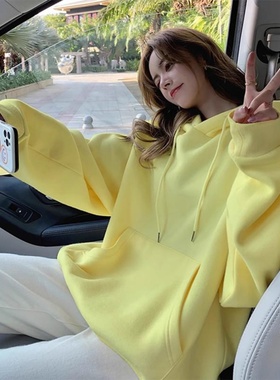 黄色连帽卫衣女2025春季新款宽松显瘦时尚中长款加绒加厚套头上衣