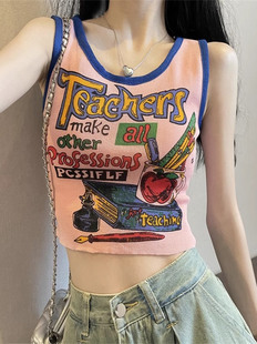 美式复古吊带背心女夏日泰式多巴胺穿搭印花短款外穿无袖甜辣上衣