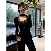 蕾丝拼接方领挂颈打底衫 女春季 辣妹修身 法式 显瘦内搭长袖 T恤0202r