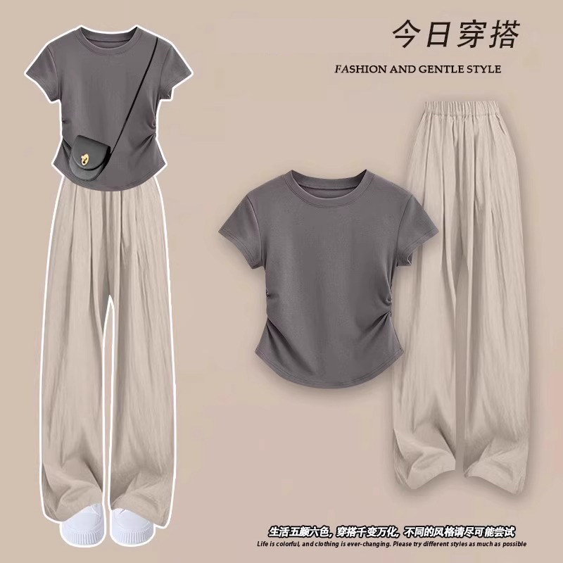 梨型身材时尚套装女士夏季薄款圆领短袖T恤高腰拖地阔腿裤两件套