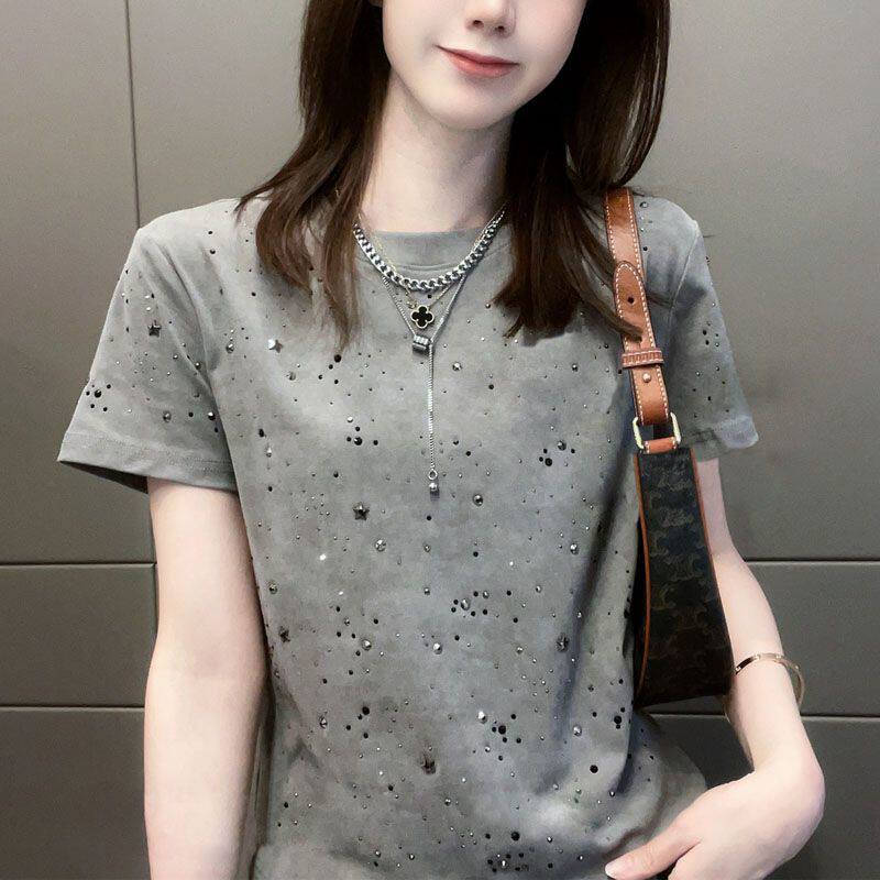 烫钻正肩短袖T恤女夏季2024欧货小衫爆款洋气减龄小个子体恤上衣