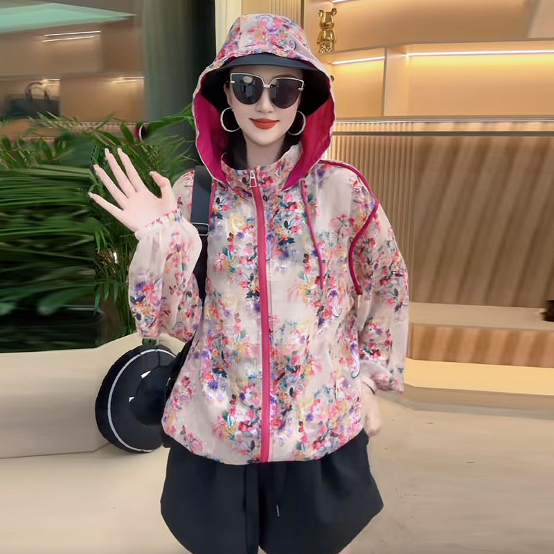 冰丝提花防晒衣女款2025夏季流行单品透气户外运动连帽防晒服外套